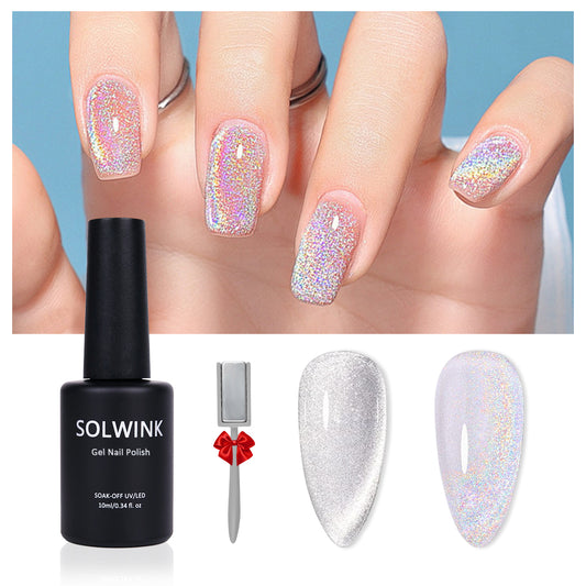 SOLWINK Silver Rainbow Cat Eye Gel Nail Polish Set Multi-functional Magnetic Nail Polish Kits for Natural Nails Toes Nail Tips