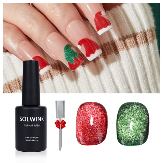 SOLWINK Merry Christmas Green Red Cat Eye Gel Nail Polish Set Magnetic Nail Polish Kits for Natural Nails Toes Nail Tips Magnet Gel